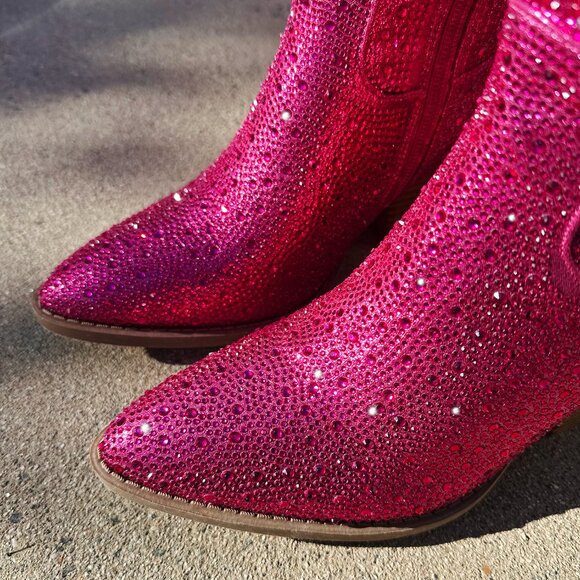 NEW🔥 Fuchsia Pink Multi Rhinestone Western Cowgirl Boot Mid-Calf Block Heel Zip - Picture 6 of 8